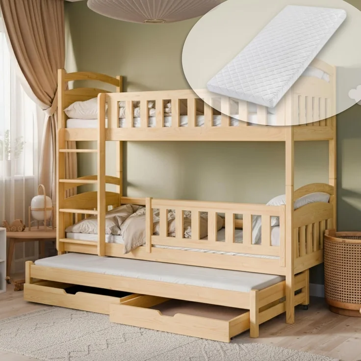 Kids Collective Etagenbett Hochbett Kinderbett 90x200 cm mit Lattenrost und Rausfallschutz, mit Ausziehbett, zwei Schubladen und drei Matratzen, natur – Bild 1