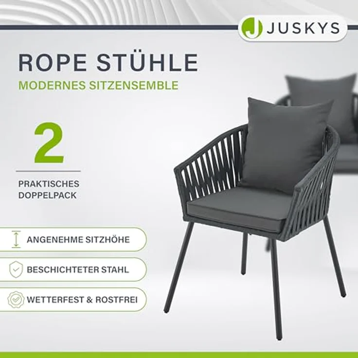Juskys Rope Stühle 2er Set - Gartenstühle mit Seilgeflecht & Polster - wetterfester & bis 160 kg belastbar - Stahl mit Pulverbeschichtung - Dunkelgrau – Bild 4