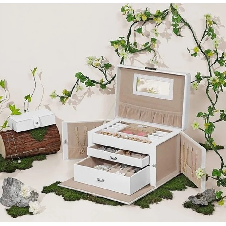 Songmics Schmuckkästchen mit 2 Schubladen und tragbarer Mini-Box für Reisen, abschließbar, MDF weiß, 17 x 18 x 26 cm – Bild 5