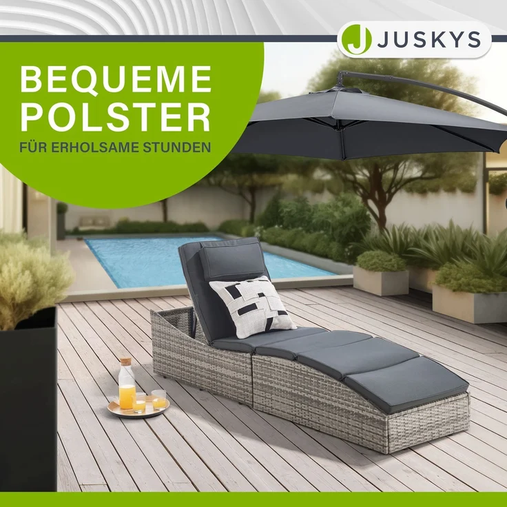 Juskys 'Lamia' Sonnenliege mit Auflage, klappbar, Kopfteil verstellbar, Polyrattan grau, 200 x 60 x 40 cm – Bild 4