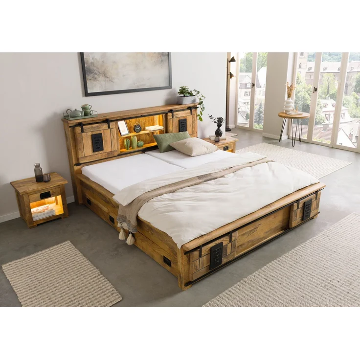 Bett mit Schublade Mango / Altholz 140x200 natur lackiert RAILWAY LUX #107 – Bild 2