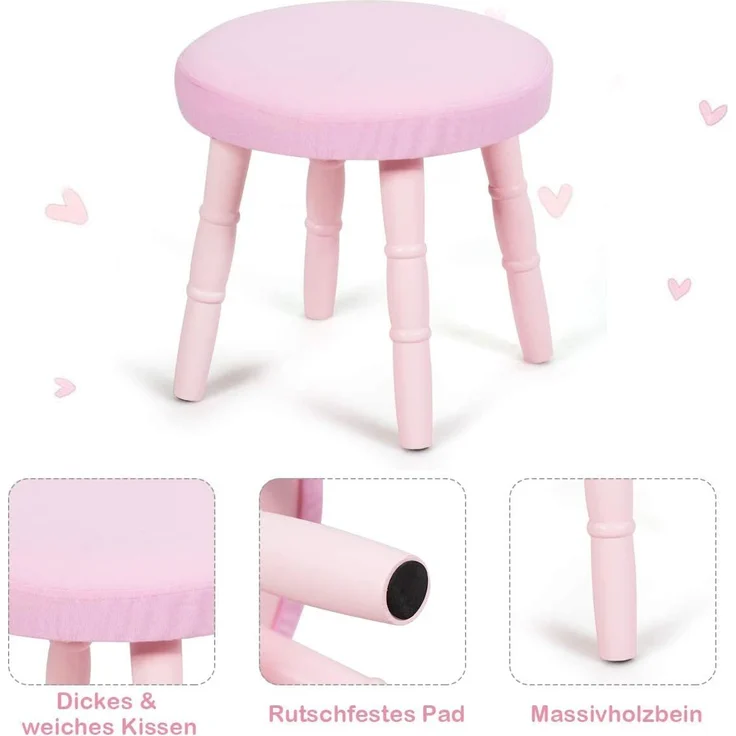 COSTWAY Kinder Schminktisch mit Hocker und abnehmbarem Spiegel, Holz pink, 34 x 70 x 100 cm – Bild 3