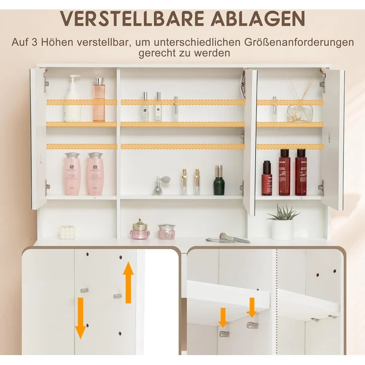 Thanaddo Schminktisch mit verstellbaren LED-Spiegel, Schminktische mit Hocker und Schubladen (Schminktisch mit LED), Mit 9 Fächer zur Aufbewahrung,Mit 3 Helligkeitsstufen – Bild 5