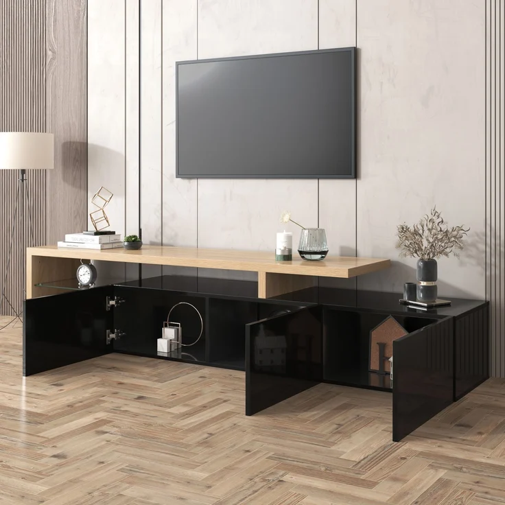 TV-Lowboard 197.5 cm mit LED-Beleuchtung, Glasböden & 3 Schränken, modernes Schwarz-Holz Design für Wohnzimmer – Bild 5