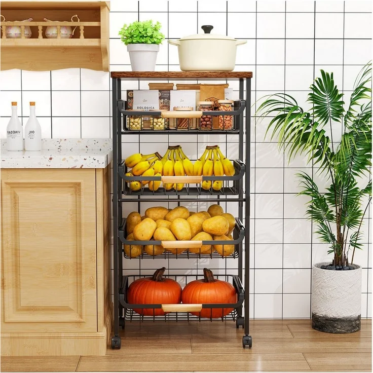 POPOLIC Küchenwagen Fünfstöckiges Metall-Küchenregal mit ausziehbaren Schüben, 86×43×30 cm, 4 ausziehbare Schubladen + oberste Ablage aus Holz – Bild 3