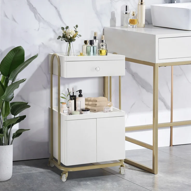 M MCombo Servierwagen mit Rollen & Schublade, Rollwagen Friseurwagen Weiß-Gold, Salon Trolley mit 2 Ablagen und Schrank, 0086 – Bild 2