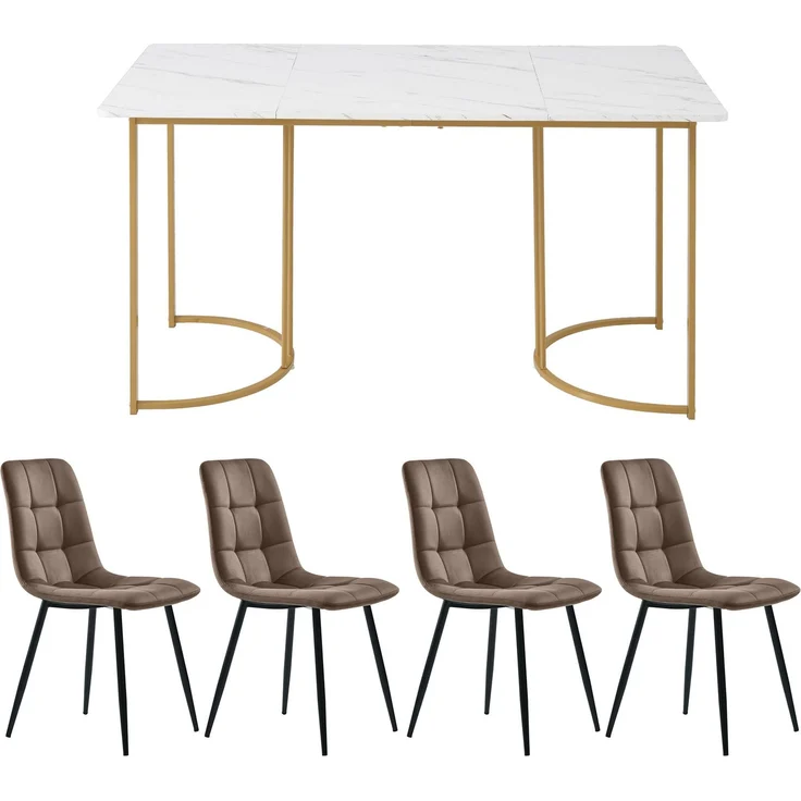 Essgruppe (5-tlg),Esstisch mit 4 Stühlen Set, Moderner Küchentisch Set , 140×80cm Küchentisch mit Golden Metallbeinen, MDF Tischplatte in Weißer,Braun Samt Esszimmerstühle--Weiß--96x69x18.5cm--YOUDENOVA – Bild 5