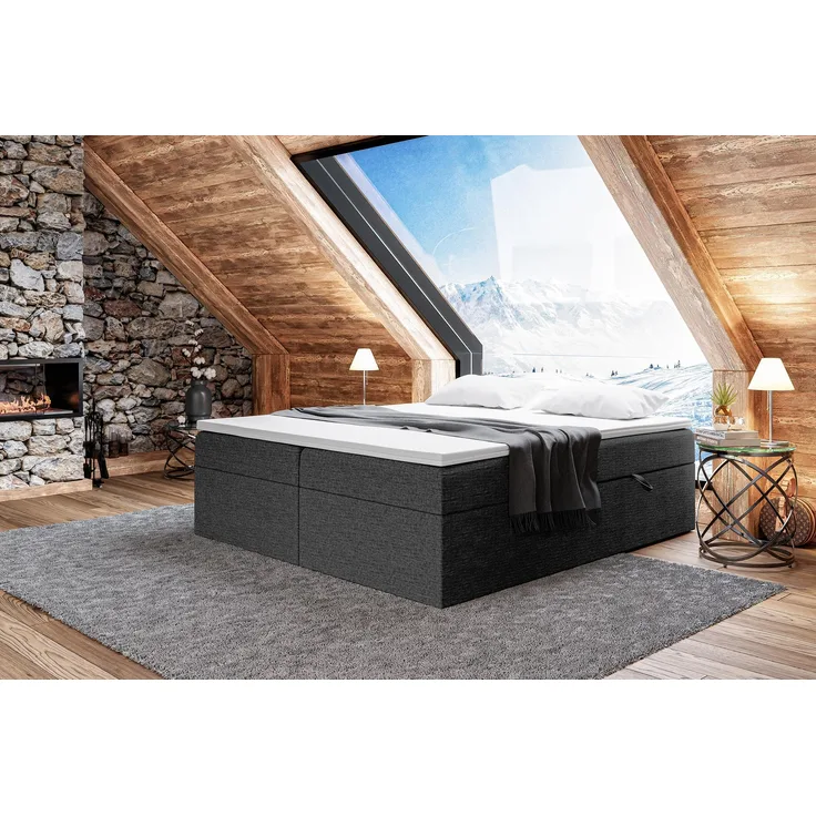 MEBLINI Boxspringbett LIONEL 160x200 cm mit Bettkasten - H3/Schwarz Webstoff Polsterbett - Doppelbett mit Topper & Bonellfederkern-Matratze