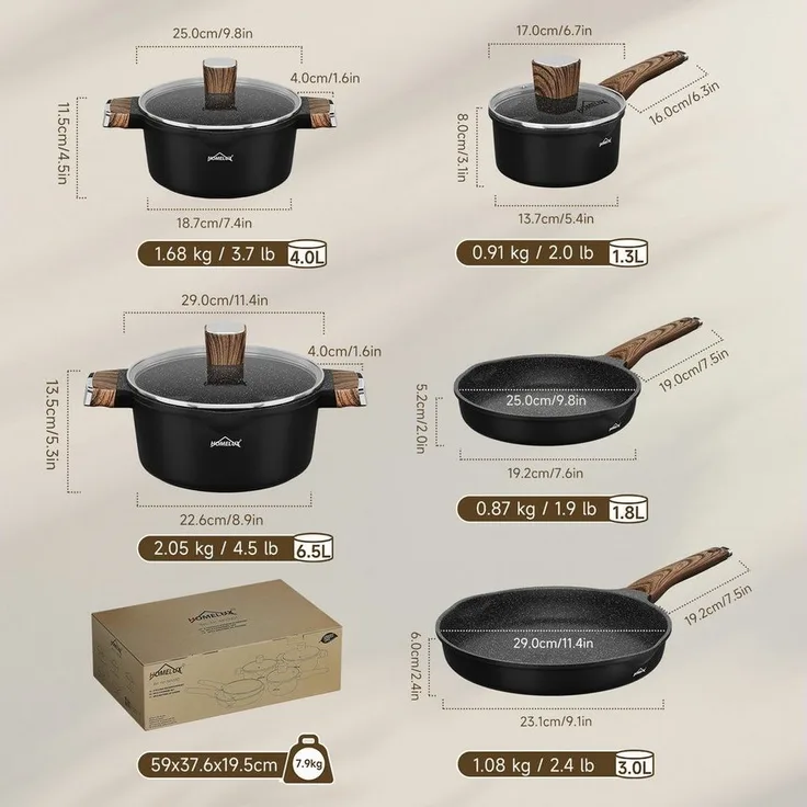 HOMELUX Topf-Set Induktions Töpfe Set mit Antihaftbeschichtung,Holzmaserung, Aluminiumguss, Aluminium (Set, 8-tlg, 24/28cm Pfanne,16cm Milchtopf mit Deckel,24/28cm Kochtopf mit Deckel), für alle Herdarten,Spülmaschinengeeignet