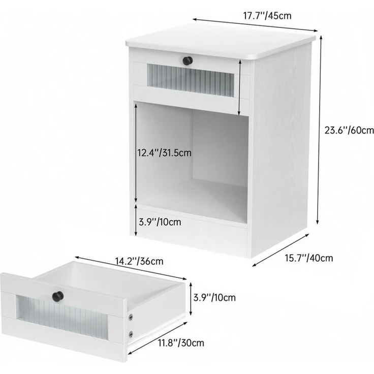 VOWNER Nachttisch mit Glasfront und Schublade, offenes Fach, Weiß, 45x40x60 cm (1-St), multifunktional als Beistelltisch für Schlafzimmer und Wohnzimmer – Bild 2