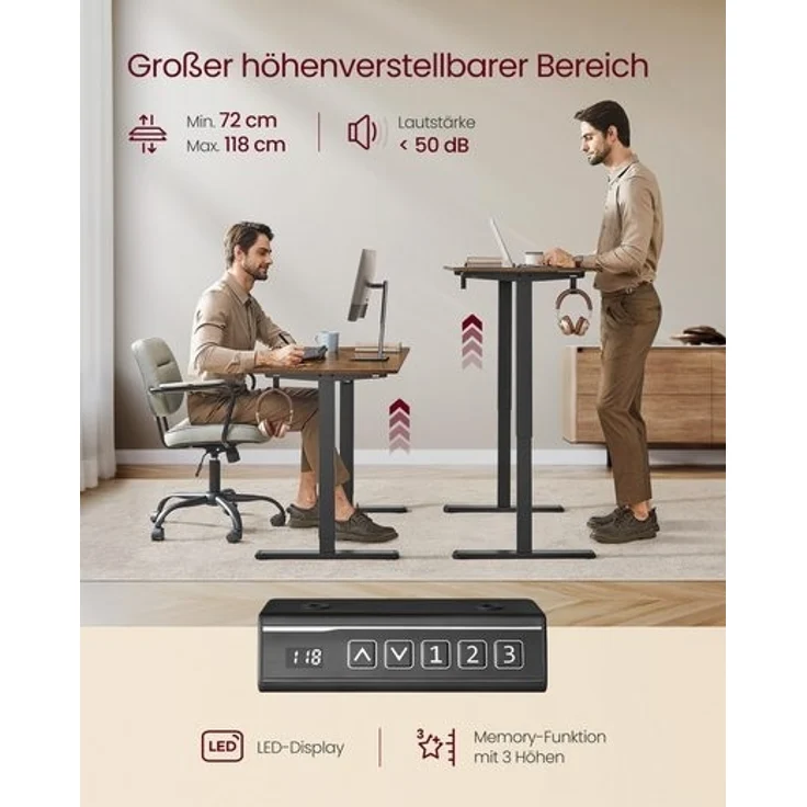 VASAGLE Höhenverstellbarer Schreibtisch elektrisch, Tischgestell, Schreibtischständer, ohne Tischplatte, mit 2 Haken, Memory-Funktion mit 3 Höhen, Stahl, tintenschwarz LSD021B01V2 – Bild 3