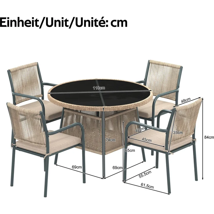 LVHOM 5-tlg. Gartenmöbel-Set, Sitzgruppe mit rundem Glastisch und 4 Polyrattan-Armlehnstühlen, inkl. Sitzpolster, Terrassenmöbel für 4 Personen, Wetterfest – Bild 6