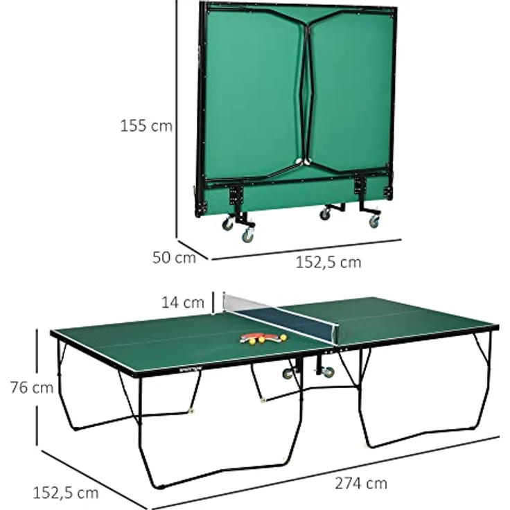 SPORTNOW Klappbarer Tischtennistisch, Indoor Tischtennisplatte mit Rollen, Set mit 2 Schlägern und 3 Bällen, Stahl, Grün, 274 x 152,5 x 76 cm – Bild 7