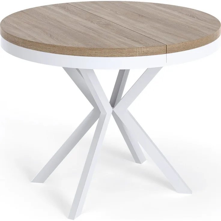 WFL GROUP Esstisch Cloud ausziehbar rund industrial mit weißen Metallbeinen (MADE IN EU, erhältlich in 3 Größen – 90/100/120 cm ausziehbar auf 170/180/200 cm), platzsparender Tisch in Holzoptik für Küche, Esszimmer oder Wohnzimmer