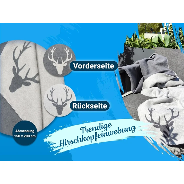 Wohndecke, ZOLLNER, mit Hirschkopf, Wendedecke, hochwertige Kettelnaht, 150 x 200 cm, 60% Baumwolle, 40% Polyacryl, vom Hotelwäschespezialist – Bild 4