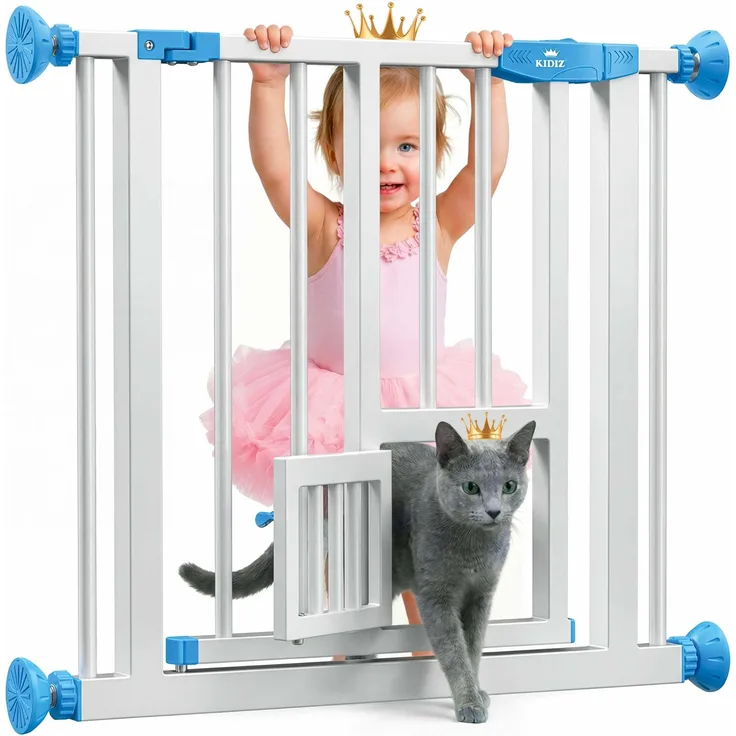 KIDIZ® Absperrgitter zum Klemmen mit Katzenklappe, Türschutzgitter, Autoclose Kinder Treppengitter ohne Bohren | 90° Stopp Schutz, schwenkbar, Treppenschutzgitter Blau, 74 - 80 cm
