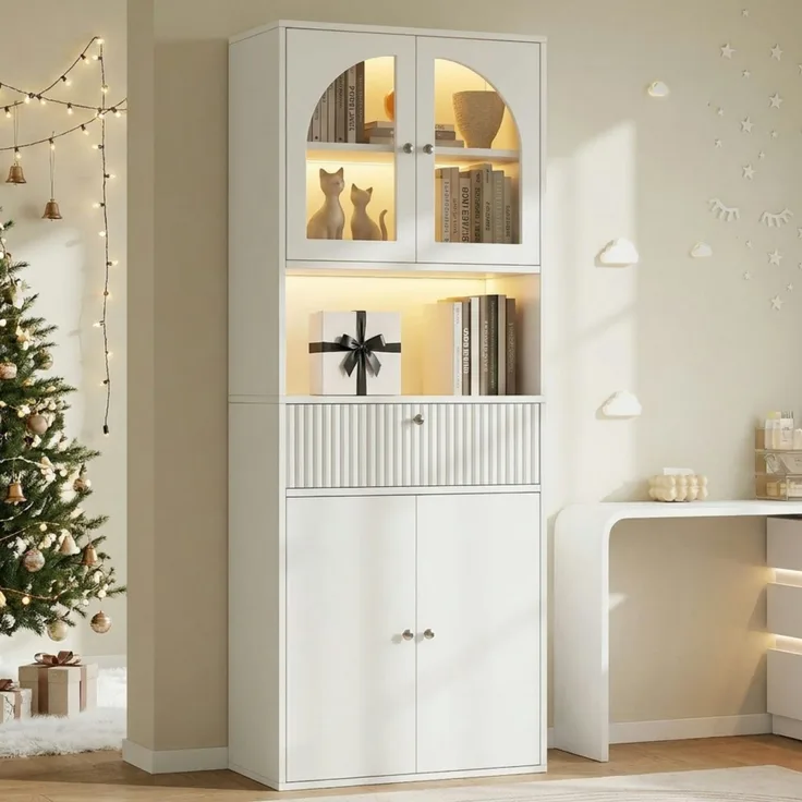 ZUBALIYA LED Glasvitrine, Bücherschrank, Büroschrank mit RGB LED Lichtleisten, Figurenvitrine, Stauraumschrank, Büromöbel, mit Schubladen, Sammlervitrine, Hochschrank, LED Beleuchtung, Weiß, 70 x 35 x 180 cm