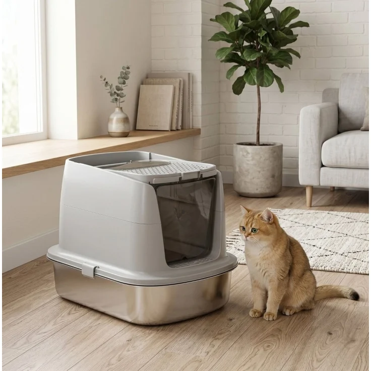 Geschlossene Katzentoilette aus Edelstahl mit Schaufel, 52,4x41,3x39,8 cm, Hellgrau – Bild 2