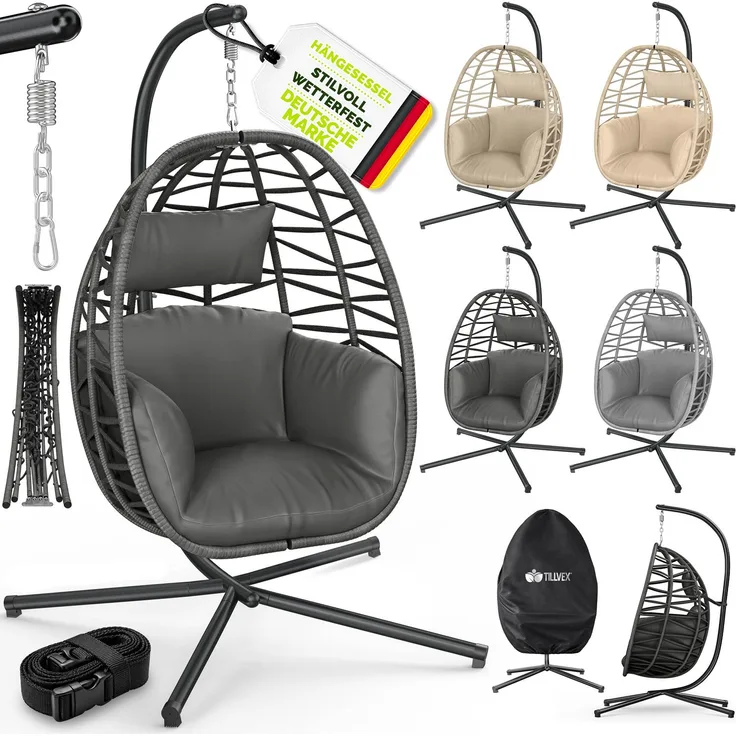tillvex® Hängesessel mit Gestell Outdoor & wetterfester Abdeckung inkl. Befestigung | Hängekorb klappbar bis 150 kg | Hängesitz aus Rattan | Hängestuhl für Indoor Garten Balkon Terrasse