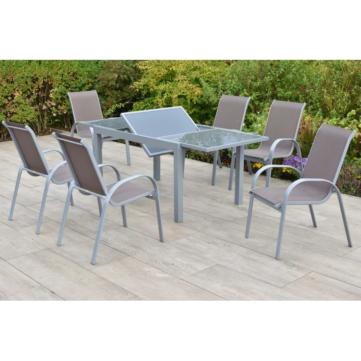 Amalfi Gartenmöbel Set 7tlg, 6 Stapelsessel, Ausziehtisch 160 (220) x 90 cm, Aluminium/Textil – Bild 4