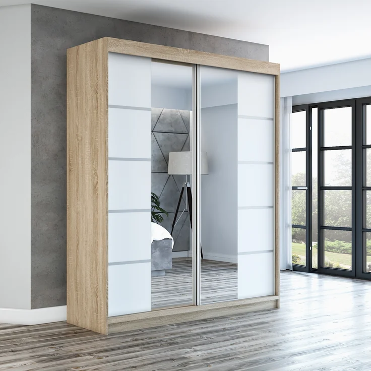 Schwebetürenschrank ERA 2-türig Schrank 160 cm (mit Spiegel) Farbe: Sonoma , weiß – Bild 2