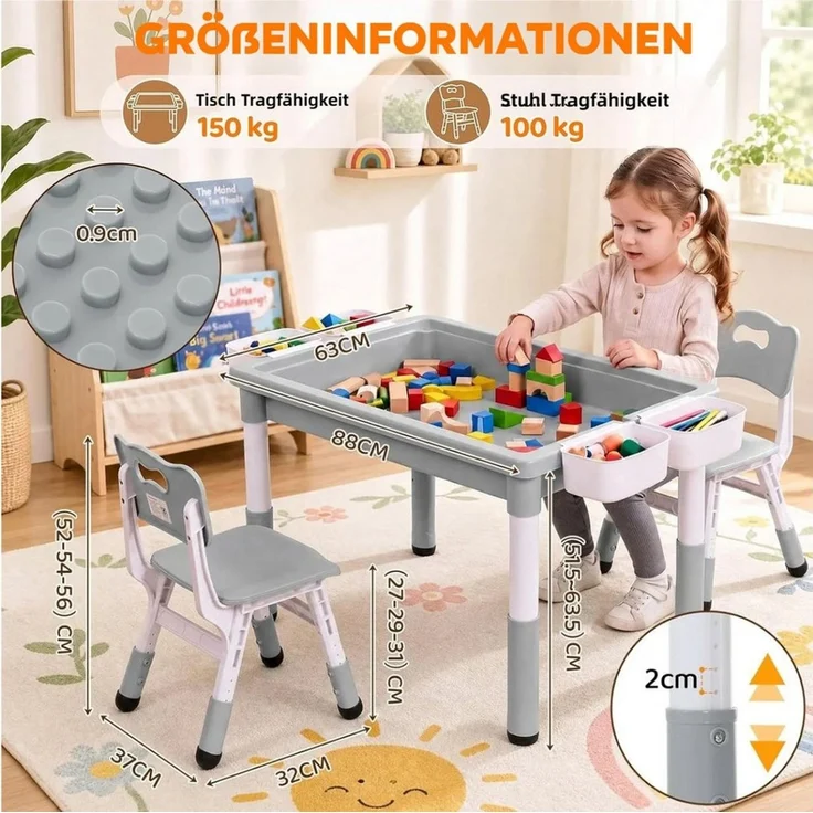 TLGREEN Kindertisch 3-teiliges Kindertisch Set mit 2 Stühlen (höhenverstellbarer Aktivitätstisch mit wendbarer Tischplatte, Bausteintisch kompatibel mit Klemmbausteinen & Whiteboard), viel Stauraum, Kindersitzgruppe Spieltisch für Kinderzimmer Kita – Bild 2