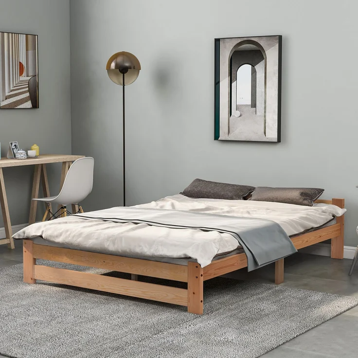 Solide Massivholzbett Futonbett Massivholz Natur Bett aus mit Kopfteil und Lattenrost , Natur (200x140cm) – Bild 4
