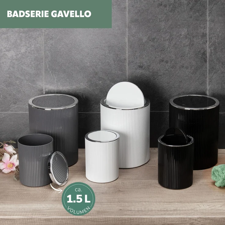 Mini-Kosmetikeimer GAVELLO mit Schwingdeckel | Badeimer mit Rillendekor, Kunststoff 1,5 Liter grau – Bild 8