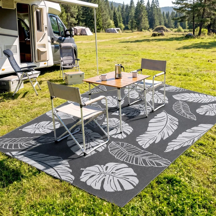 MELAYR, Outdoor Wendeteppich, wasserfest, Blattmuster, 182x274cm, Grau/Weiß – Bild 4