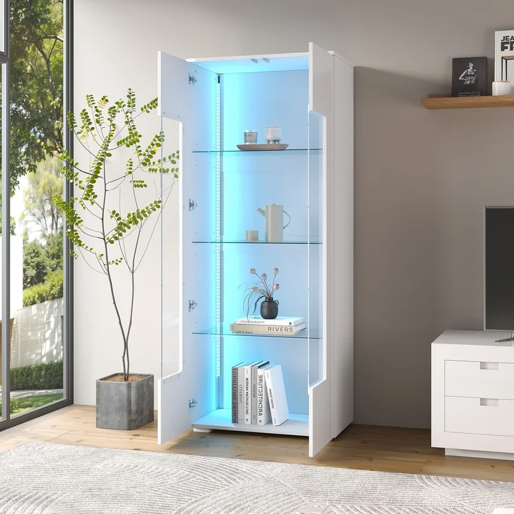 70*40*173cm Wohnzimmervitrine,Vitrine mit 2 Acryltüren,Hochglanzvitrine mit LED-Lichtleiste,Tragender Schrank aus gehärtetem Glas,Wohnzimmer breiter Schrank, Hochschrank,MDF, weiß – Bild 7