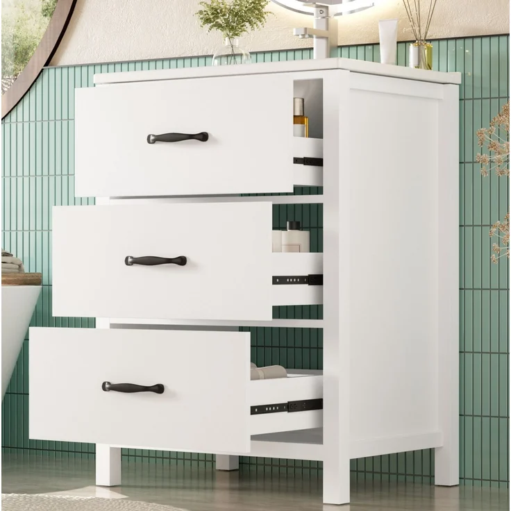 Waschtisch 61 x 47 x 83 cm mit Keramikbecken und drei Schubladen, Weiß – Bild 1