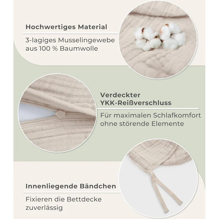 Laynenburg Bettwäsche Musselin aus 100% Baumwolle in 135x200 oder 155x220 cm, atmungsaktiv & bügelfrei – 3 lagig mit Reißverschluss & Haltebändern – Bild 5