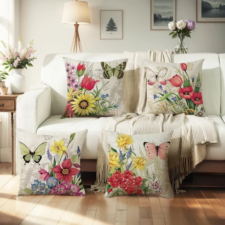 Kissenbezüge 45×45 cm 4er-Set Leinen Blumen Schmetterling, Frühling, Outdoor Couch – Bild 4