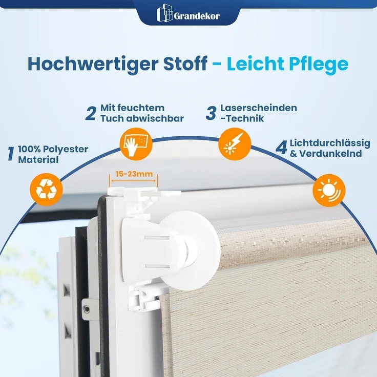 Grandekor Doppelrollo Klemmfix ohne Bohren Leinen 75x230 cm(Stoffbreite 71cm) Fenster Rollos für innen Klemmrollos Duo Rollos für Fenster ohne Bohren mit Bohren Privatschutz UV-Schutz Zebrarollo – Bild 4