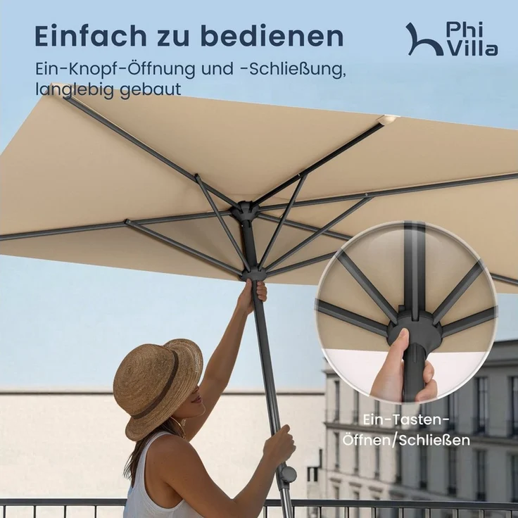 PHI VILLA Sonnenschirm, LxB: 250x130 cm, Halber Regenschirm Höhenverstellbar mit Klemme, Balkonschirm Windfest Stabil zum Mitnehmen – Bild 4