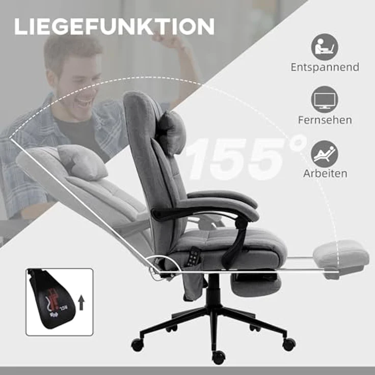 Vinsetto Bürostuhl mit Massagefunktion, Lendenheizung, Kopfstütze und 155°-Rückenlehne – Bild 6