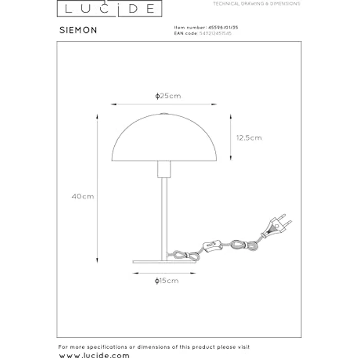 Lucide Siemon 45596/01/35, Nachttischlampe aus Stahl, 40 cm hoch, retro-modernes Design – Bild 7