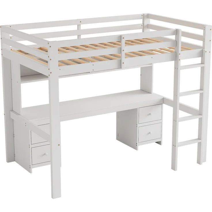 Hochbett 90x200 cm mit Schreibtisch und Stauraum,Kinderbett aus massivem Kiefernholz,Multifunktionsbett mit 4 Schubladen und 4 Regalfächern,Weiß – Bild 9