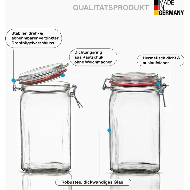 BigDean 4er Set Vorratsgläser 1,1L - Einmachgläser mit Deckel & Bügelverschluss - Made in Germany - Drahtbügelgläser zum luftdichten Aufbewahren, Einlegen & Einkochen - Glas, eckig – Bild 2