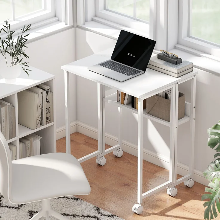 MELAYR, Faltbarer Schreibtisch, zum Beistelltisch umwandelbar, offenes Regal, Weiß, 63 x 50 x 75 cm – Bild 3