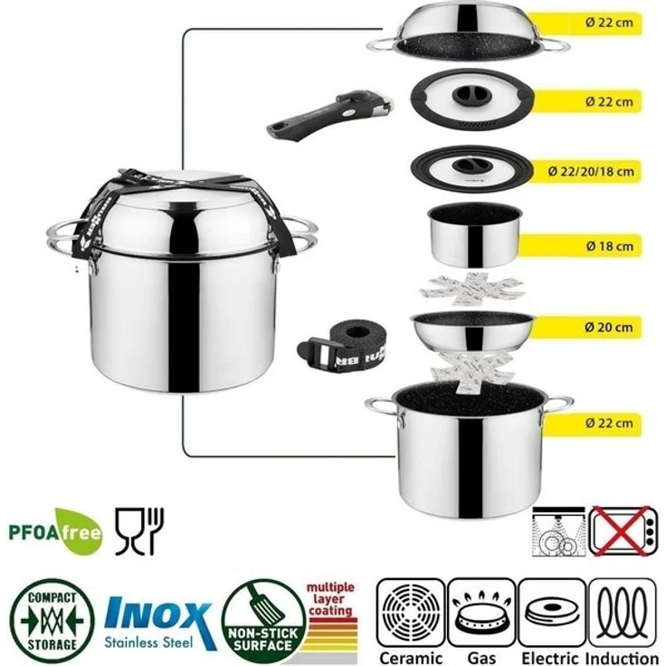 BRUNNER Topf-Set BRUNNER Camping Kochgeschirr Edelstahl ACADEMY NG Stapelbar, Leicht, (8-tlg) – Bild 4