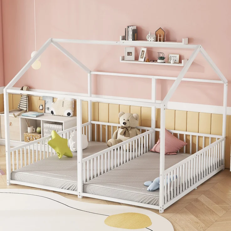 Hausbett Kinder Etagenbett 90x200cm Metallbett mit Geländer und Leiter,Zwillingsbett Doppelbett für Kinderzimmer, stabiler Metallrahmen,Weiß – Bild 1