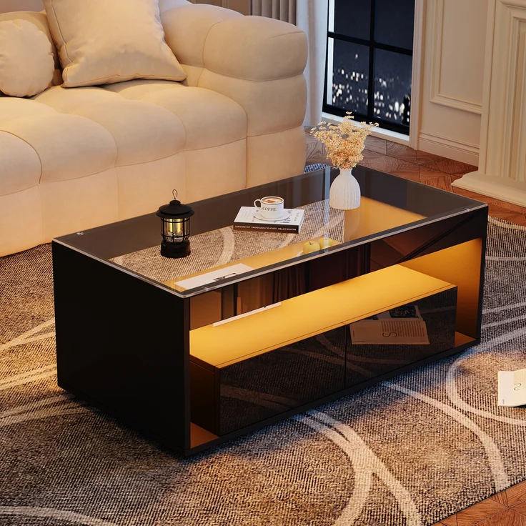 Couchtisch aus Spanplatte mit 16-farbiger LED-Beleuchtung, 2 Schubladen & gehärtetem Glas, 100x50x40 cm, Schwarz – Bild 5