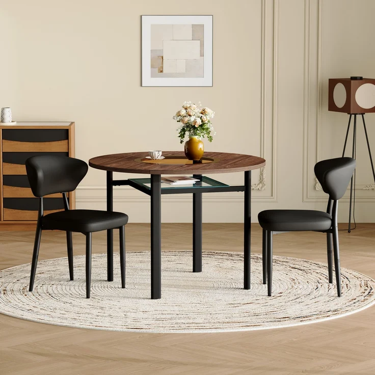Esstisch-Set 76x100x100 cm in Braun/Schwarz mit Glasintarsie und 2 PU-Polsterstühlen – Bild 3