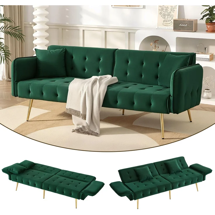 Merax Zweisitzer-Multifunktions-Sofabett mit Bettfunktion, verstellbarer Rückenlehne + mehrstelligen Armlehnen. Modernes Faltsofabett, Grün – Bild 2
