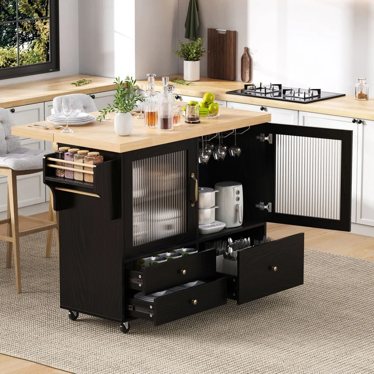 Merax Kücheninsel mit Rollen und ausziehbarem Esstisch, Küchenwagen mit Weinglashalter und Stauraum, Ideal für Küche und Esszimmer (Schwarz) – Bild 3