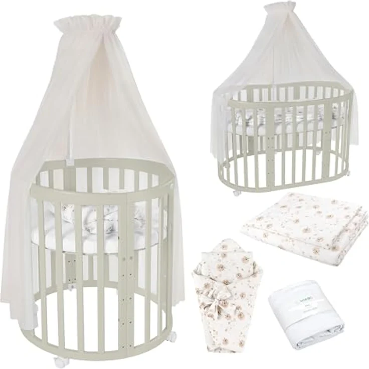Waldin Babybett Mobiles Babybett OWAL aus Holz 7in1 mit Matratze, mitwachsend – Bild 2