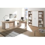 Büro Office Line Büromöbel Komplett Set in Eiche Sonoma kombiniert mit Weiß oder Eiche Sonoma – verschiedene Varianten wählbar - 5 teilig , Eckschreibtisch + Rollcontainer + 2x hohes Aktenregal + Aktenschrank hoch , weiß