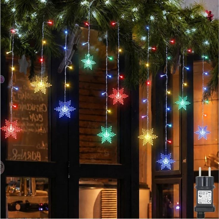 SERBASIC Lichtervorhang LED Schneeflocke Lichterkette, mit 8 Modi und Speicherfunktion, Timer, für Außen Weihnachten, Hochzeit, Balkon, Große Schneeflocke – Bild 1