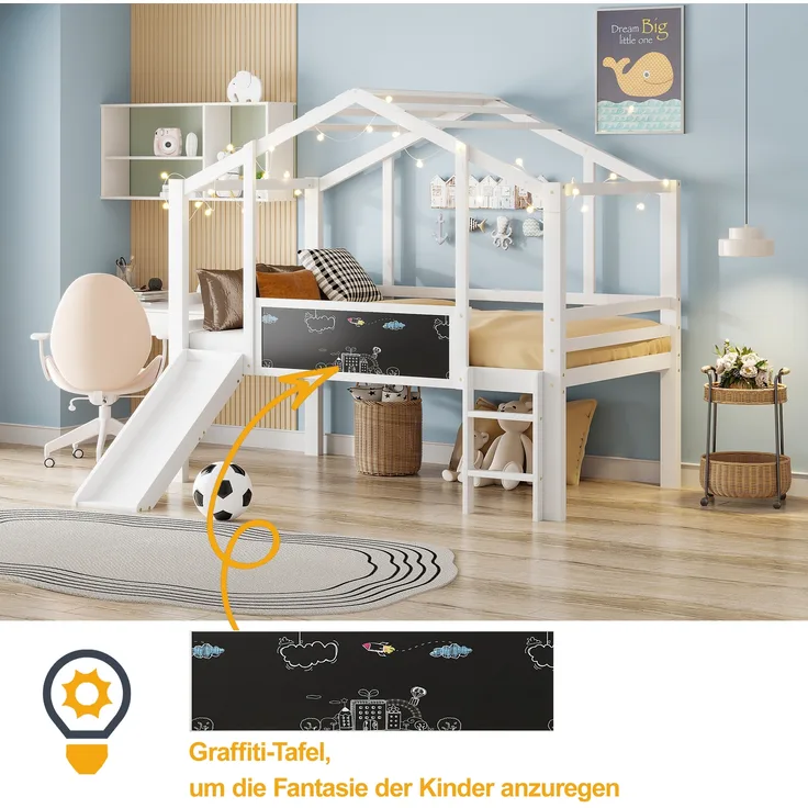 Kinderbett, Dachboden-Design, Sicherheitsleiter, Sicherheitsrutsche, Graffiti-Tafel, Multifunktionsbett, Massivholzbett, Einzelbett, Hochbett, Weiß, 90 × 200 cm